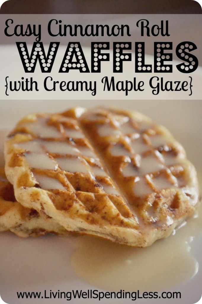 Easy Cinnamon Roll Waffles {with Creamy Maple Glaze}--YUM!  Super easy to make and SOOOO good! #breakfast #recipe #waffles