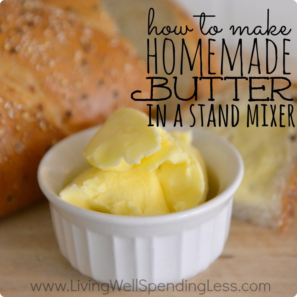 How to make homemade butter in a stand mixer. I seriously cannot believe how easy this is! It costs less, tastes better, is fun to do with kids and it makes buttermilk too!