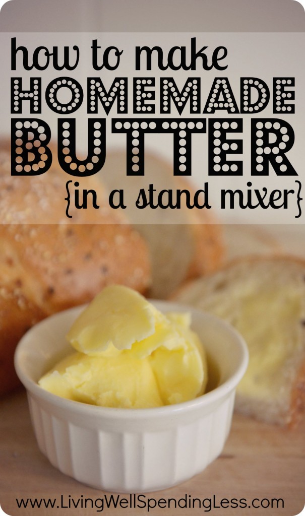 How to make homemade butter in a stand mixer. I can't believe how easy this is to do! It makes homemade buttermilk too! #homemade #butter #recipe #buttermilk