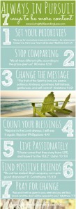 Always in pursuit: 7 ways to be more content. Must-read encouragement for finding more joy and fulfillment right where you are.
