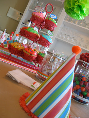 Birthday party decorations with cupcakes, party hats and treats. 