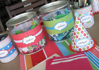 Clear paint cans worked perfectly to hold supplies, stickers and paint brushes for the projects. 