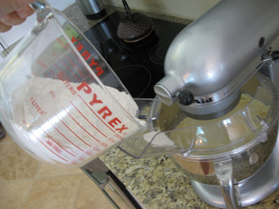 Slowly add the dry ingredients to your sugar cookie mix. 