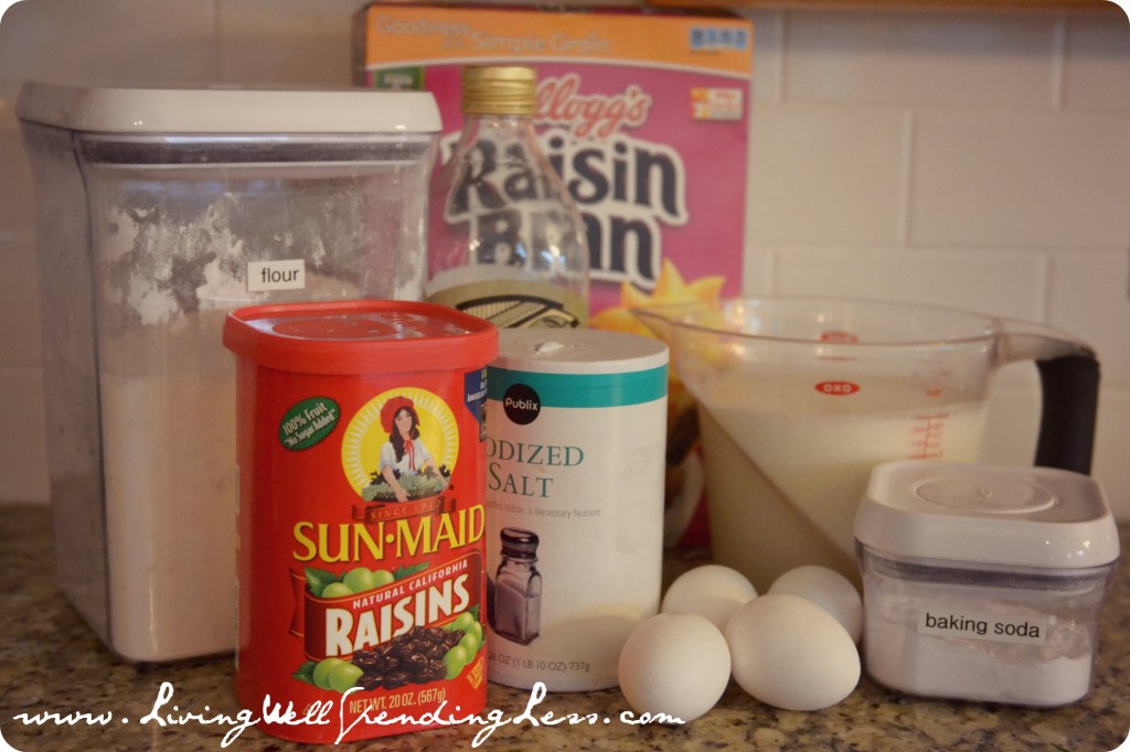 Gather the ingredients for these yummy muffins: flour, salt, eggs and raisin bran.