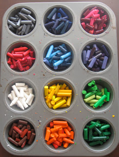 Break crayons up into smaller pieces and separate by color into cupcake tin. 
