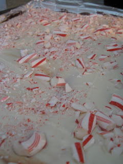 Spread melted white chocolate onto cookie sheet and top with crushed candy canes.
