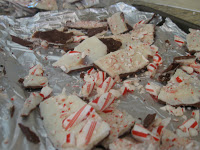 Allow chocolate mixtures to harden and break into peppermint bark pieces. 