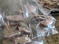 Transfer finished peppermint bark into small plastic bags.