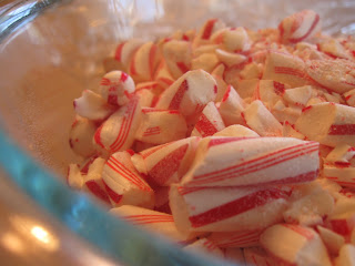 Crush up candy canes in a bowl.