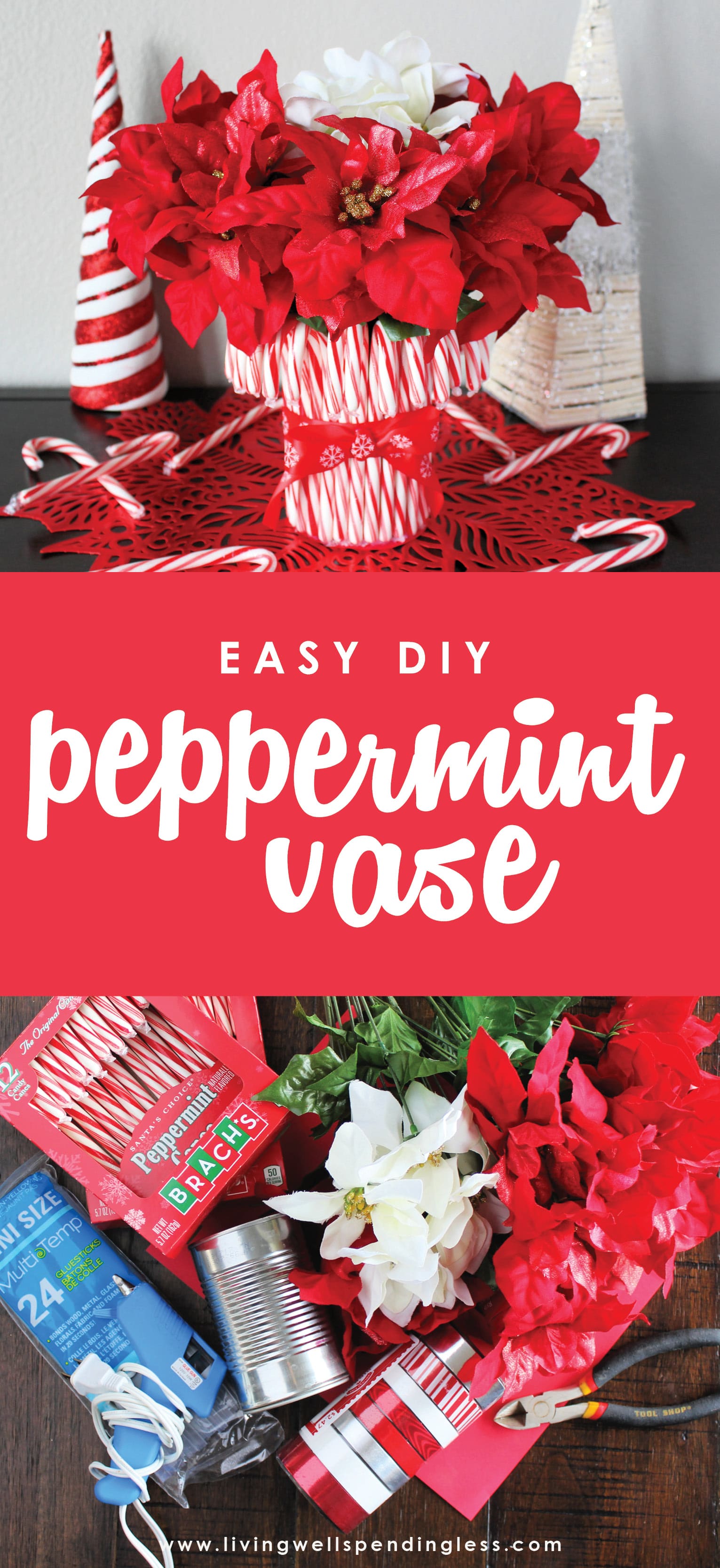 Looking for the perfect holiday centerpiece? This easy DIY candy cane vase is a budget-friendly project that will be the star of your holiday table!
Easy DIY Candy Cane Vase | Easy DIY Peppermint Vase