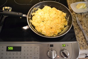 Once the eggs have set, you only need to stir them one time. This will keep them fluffy and result in perfect scrambled eggs. 