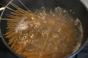 Boil spaghetti noodles or your pasta of choice for this easy broccoli dish. 