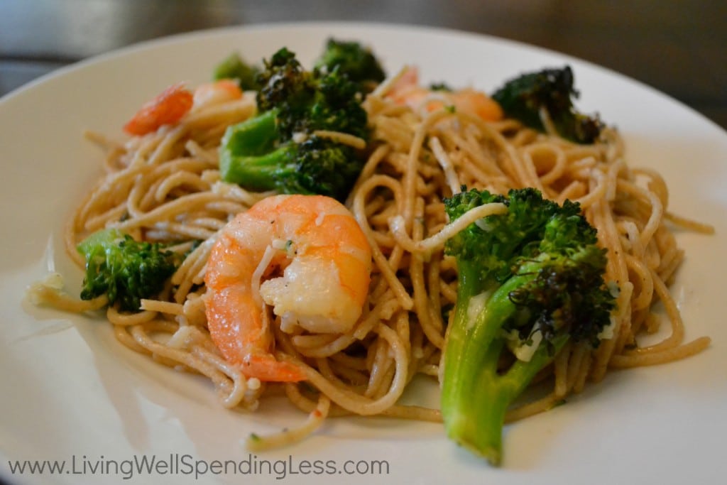 Toss the pasta with roasted shrimp, broccoli and garlic for this easy and yummy pasta dish. 