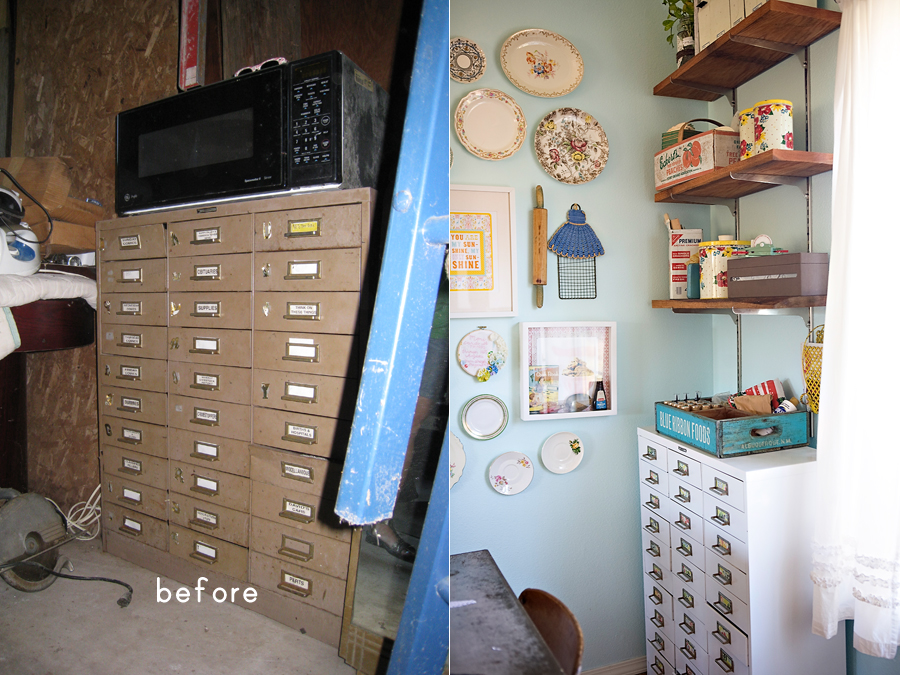 Before and after of updating an old file organizer: from cluttering the garage, to organizing a bright and sunny office corner.