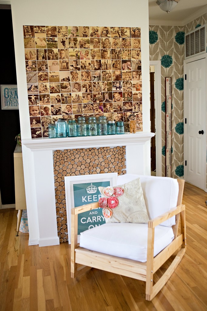 Don't be afraid to use your glue gun: Pictures look fantastic glued to the wall above a fireplace with a white accent chair. 