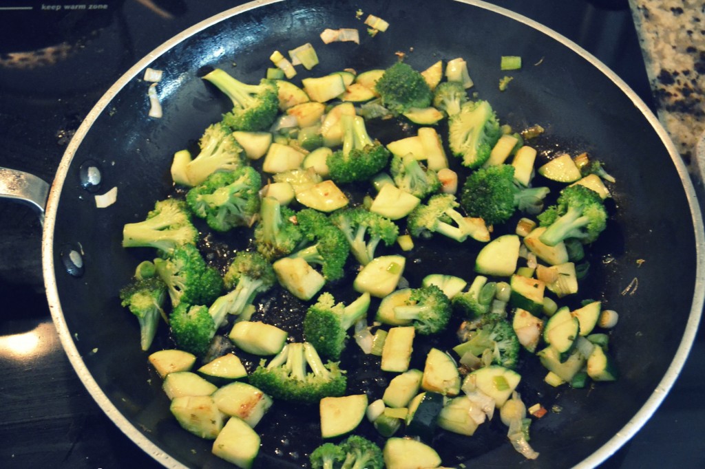 Saute the chopped vegetables with butter; for this recipe we used broccoli, zucchini, and leeks but you can use any vegetables you like!