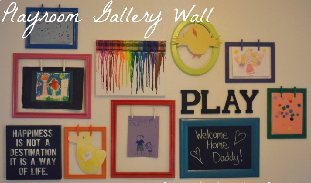 This playroom gallery wall is a collection of colorful pictures and frames 