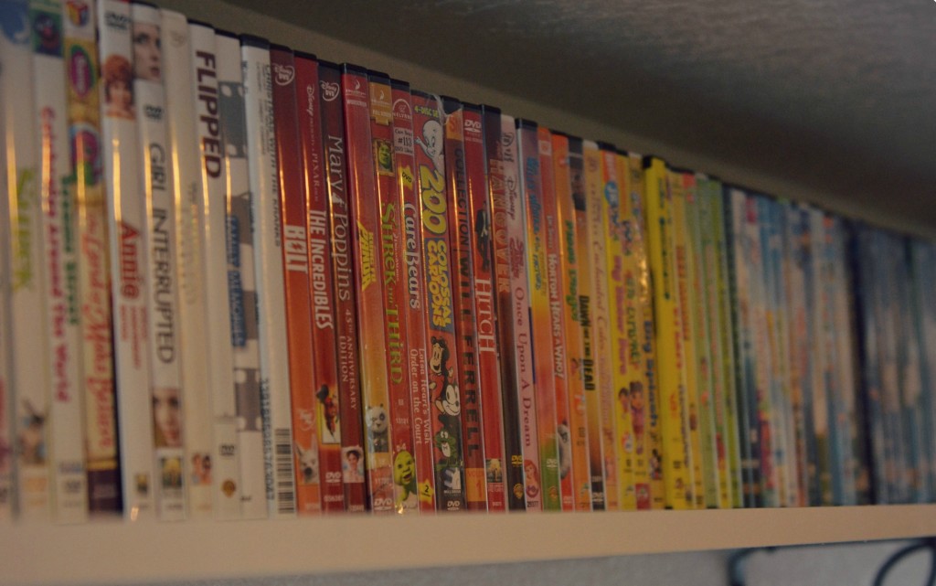 We organized our DVDs into a rainbow pattern to stick with the theme