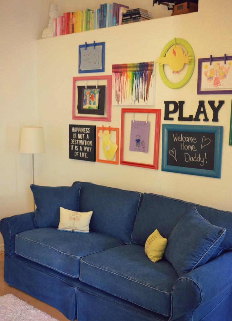 This comfy hangout area in the playroom is colorful and cozy