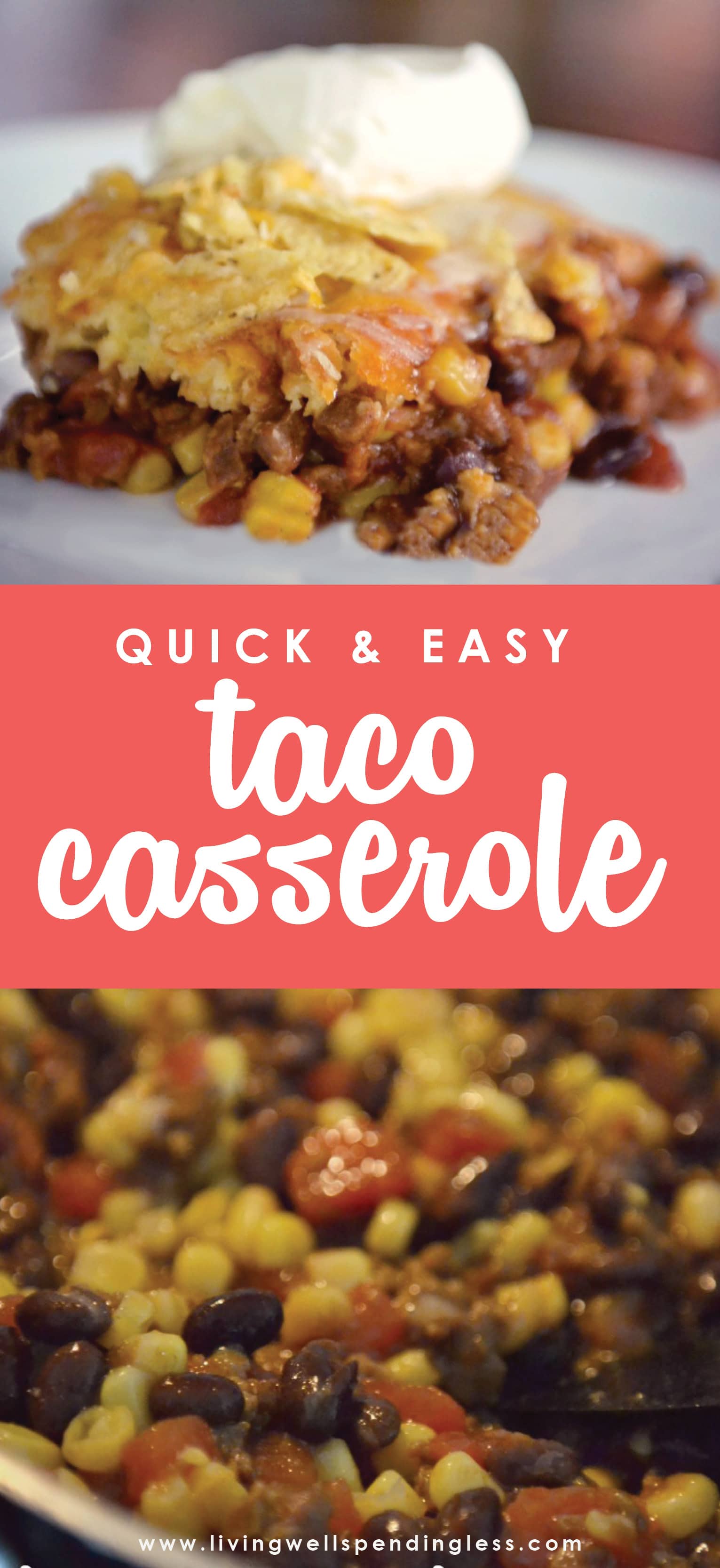 This family pleasing quick & easy taco recipe whips up in just 15 minutes, and is ready to eat in just 45! Great go-to meal for busy weeknights.
Quick & Easy Taco Casserole | Easy Taco Casserole Recipe | Taco Bake | Casserole Recipes | Taco | Mexican Casserole