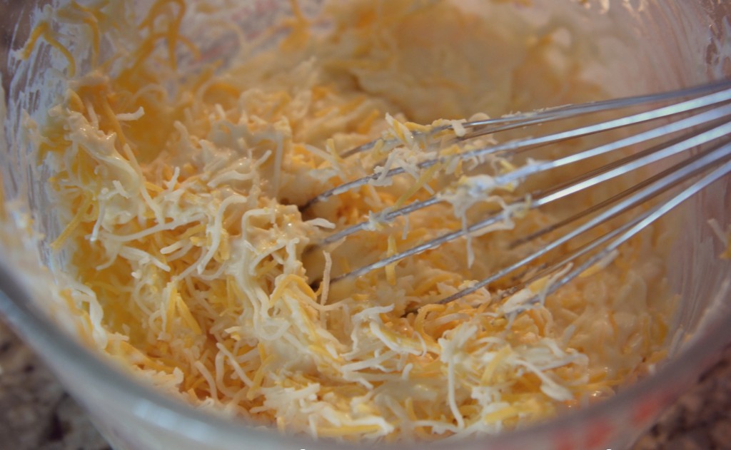 Mix Bisquick, sour cream, eggs and shredded cheese in bowl until well blended