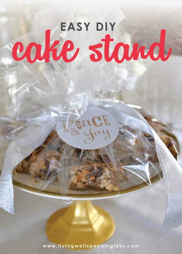 Need an inexpensive gift idea for teachers, neighbors, or friends? This easy DIY cake stand comes together with Dollar Tree items and is so cute! 