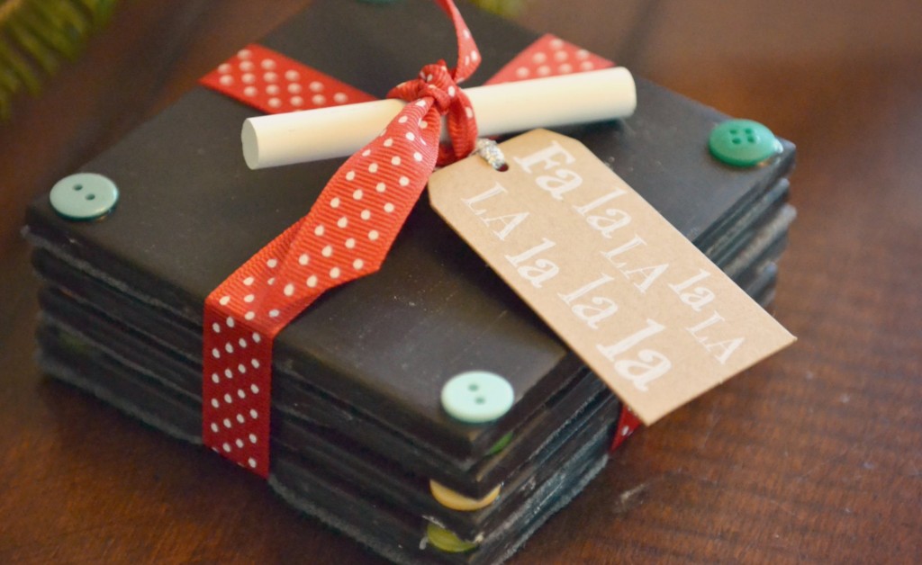 Wrap your coasters in decorative ribbon and add a gift tag to make a perfect teachers gift! | DIY Chalkboard Coaster Set | How to Make Chalkboard Coasters 