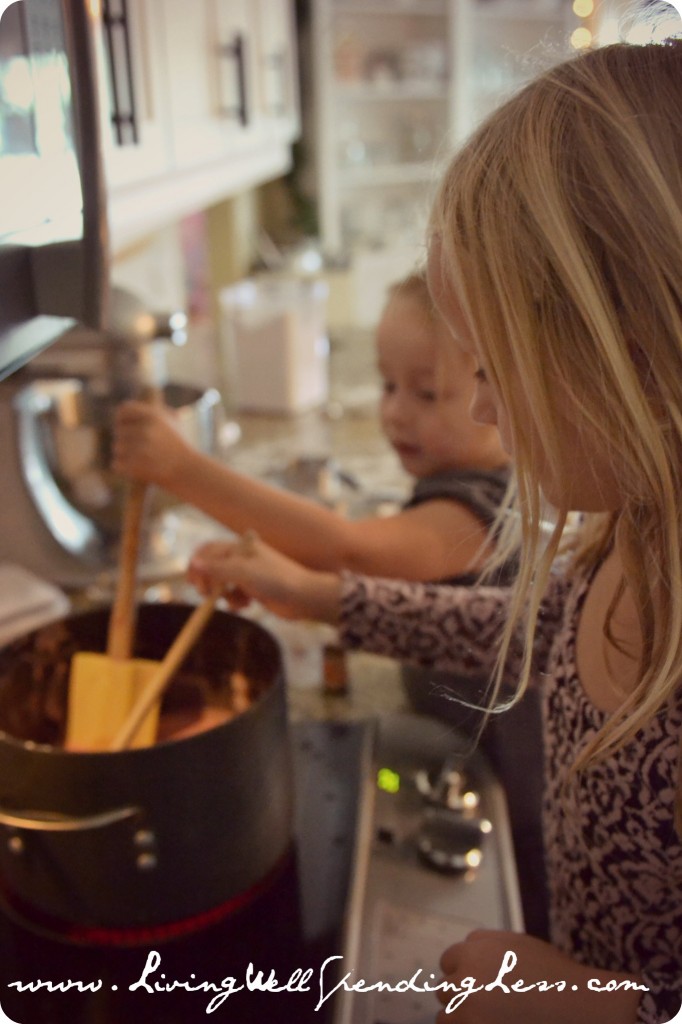 The kids can help stir the mixture while it cooks but make sure to watch them closely and be careful!