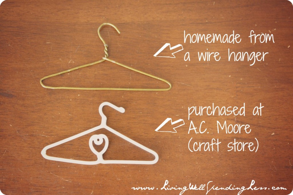 Two types of doll hangers for clothes. 