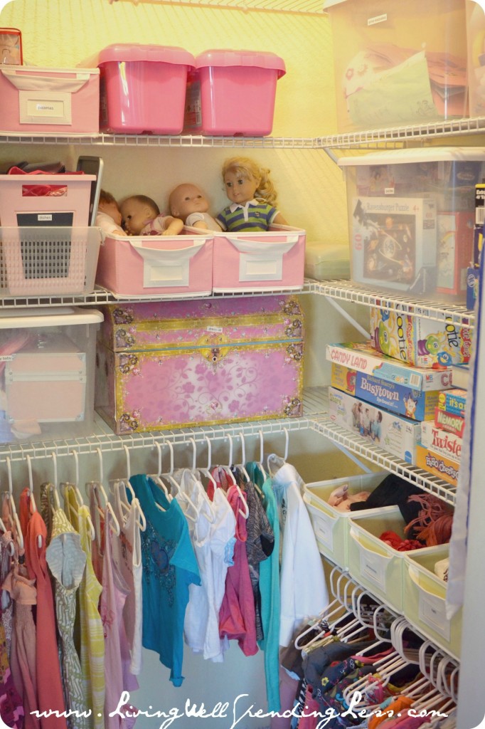 Make it easy for kids to reach what they need in their closet, and to put everything away in bins and on hangers when they're finished. 
