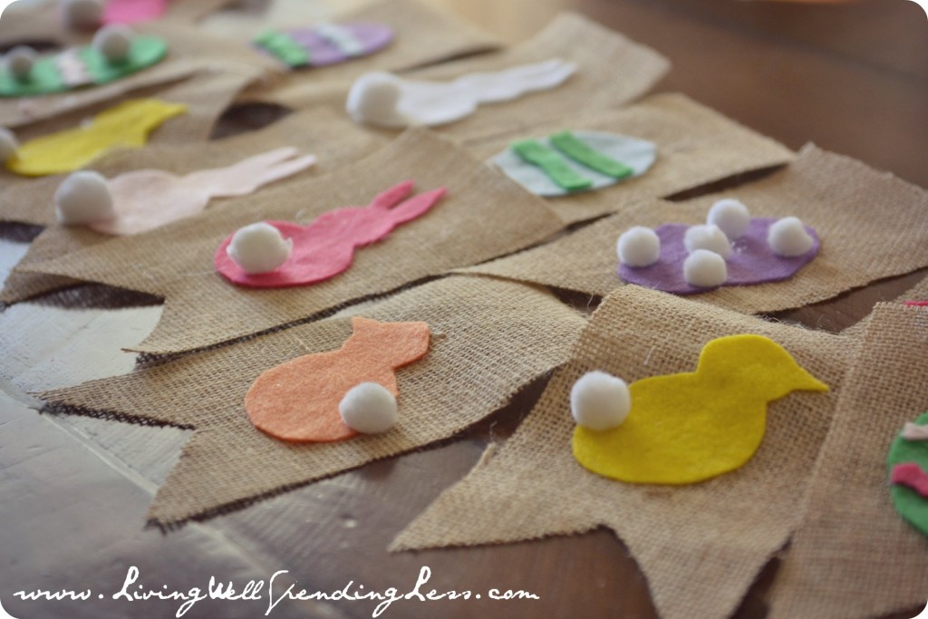 Use white pom poms to decorate the Easter burlap decorations. 
