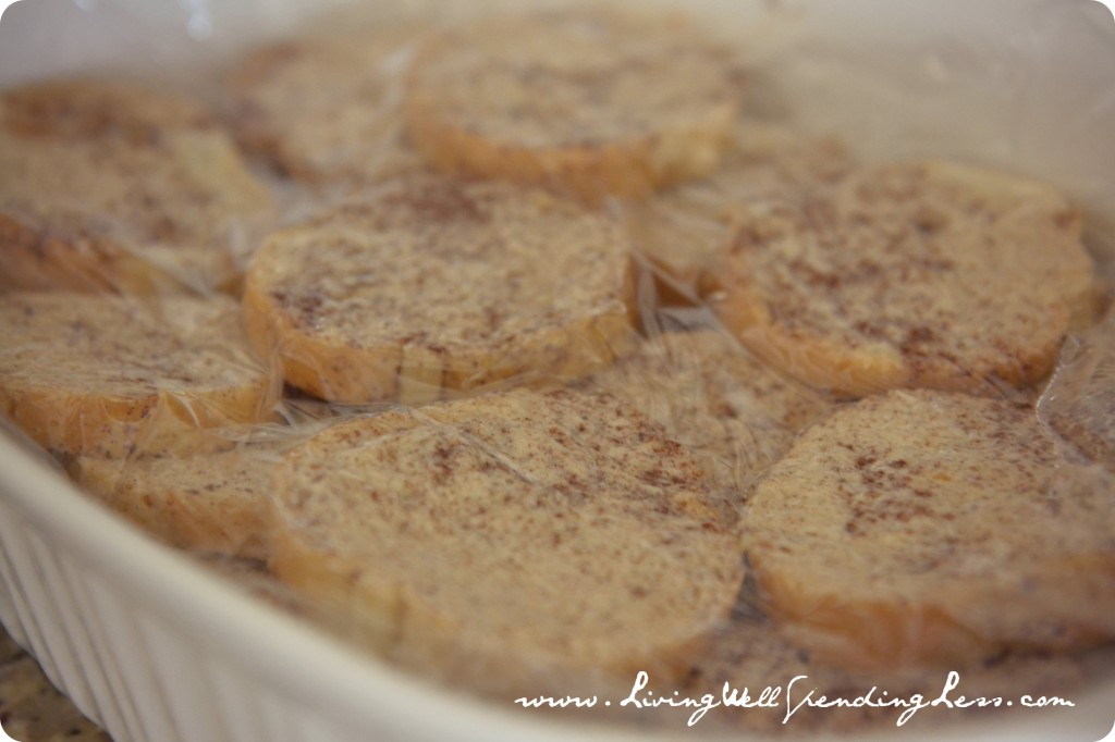 Pour egg mixture over slices of bread until evenly coated. 