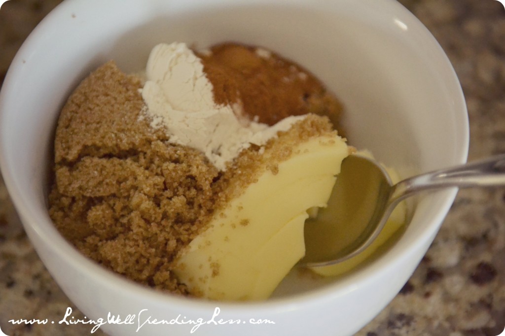 Combine softened butter, brown sugar, cinnamon, flour and nuts.