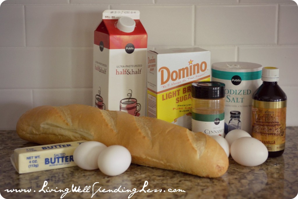 Assemble your ingredients: Day-old french bread, butter, eggs, half & half, brown sugar, cinnamon, salt, nutmeg and vanilla. 