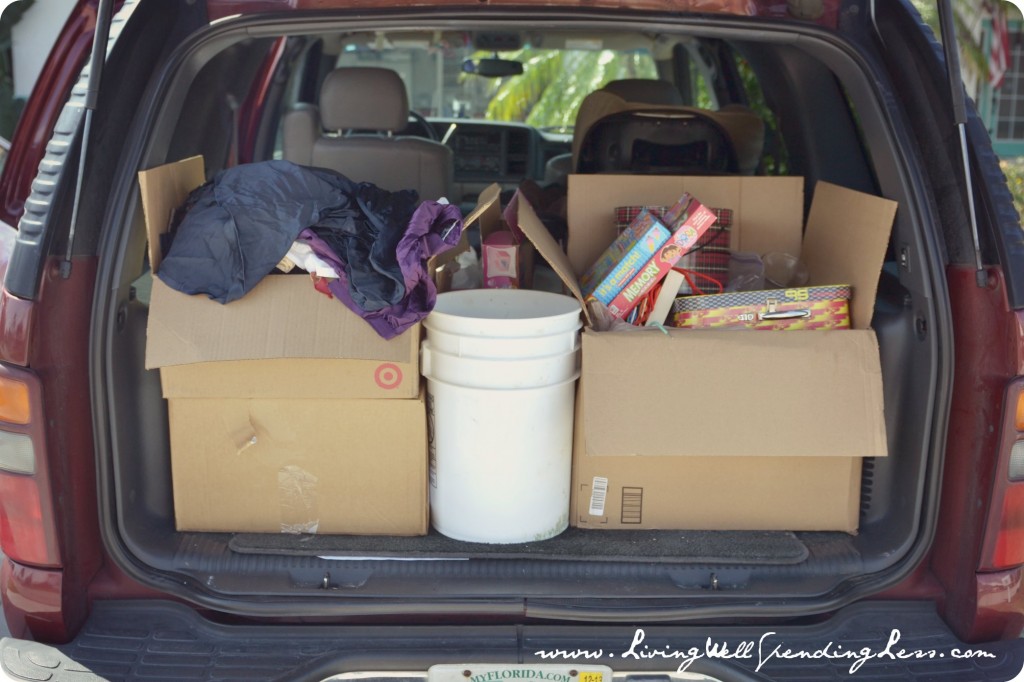 Pack up the items you don't want into boxes and put them in the back of the car so you can donate them right away. 