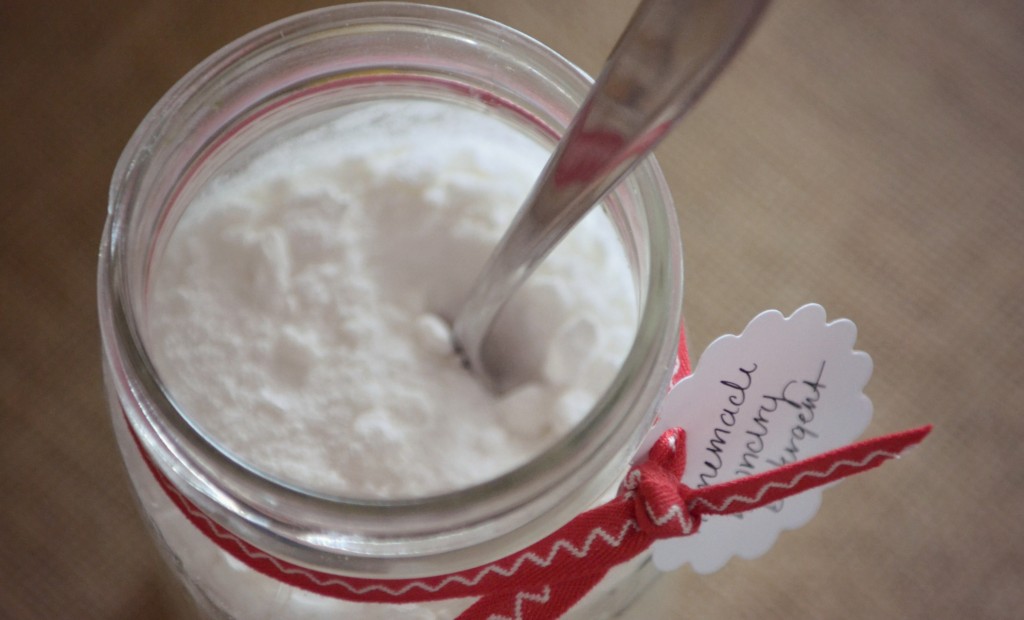 Homemade laundry detergent in a pretty jar makes a beautiful and practical DIY gift. 