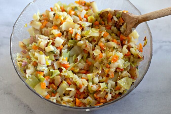 Mix all the vegetables and egg mixture together