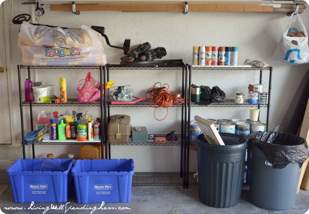 Get a handle on your garage clutter by organizing items neatly on a shelf and tossing out what you don't need. 