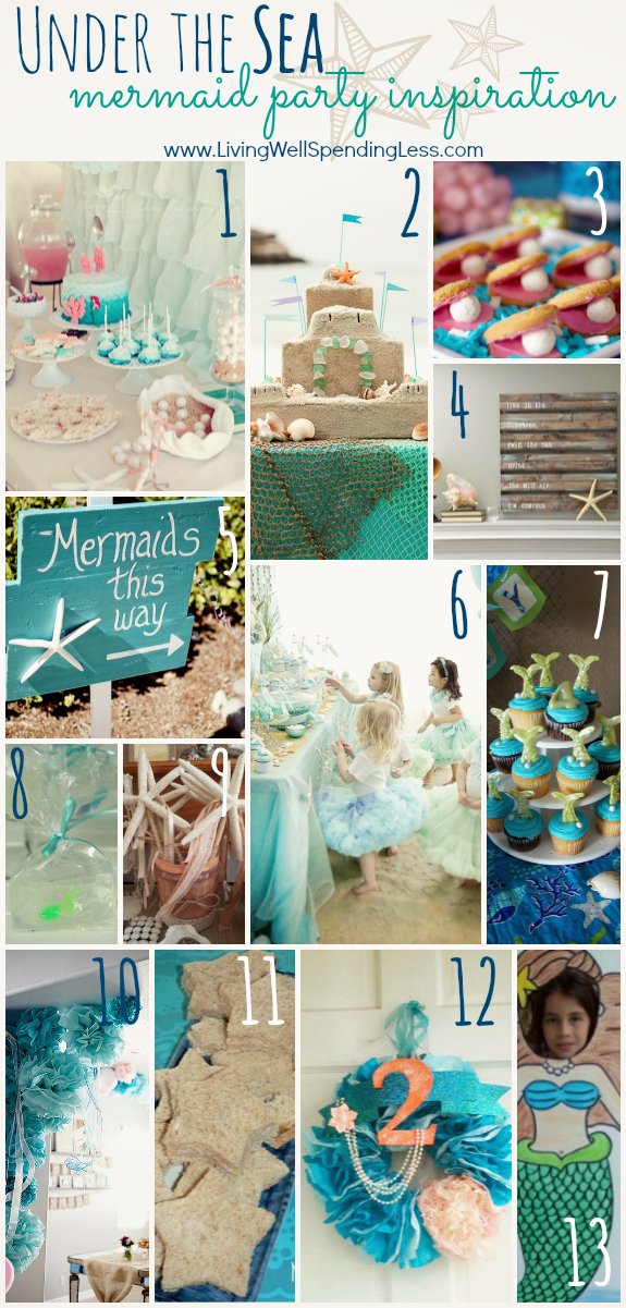 This mermaid party inspiration board with a beach themed cake, blue tablecloth and more are great for an under the sea party.  