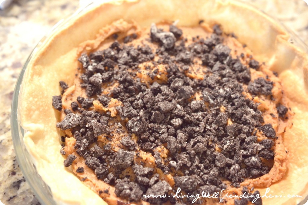 Add pie filling and top with crushed oreos