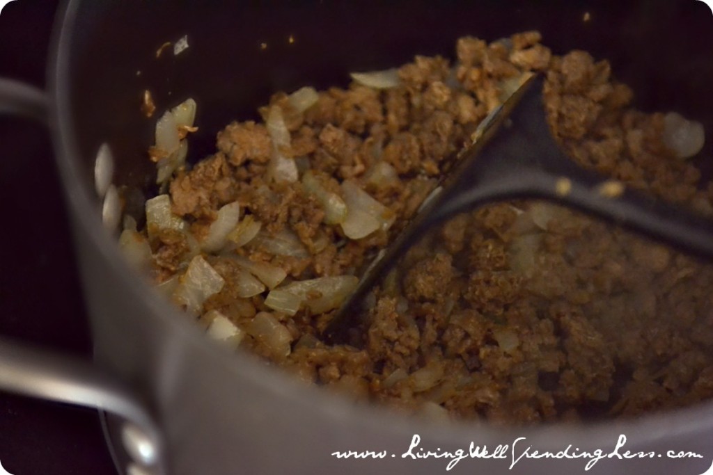 Cook ground beef or protein crumbles for a vegetarian option, and mix in chopped onions. 