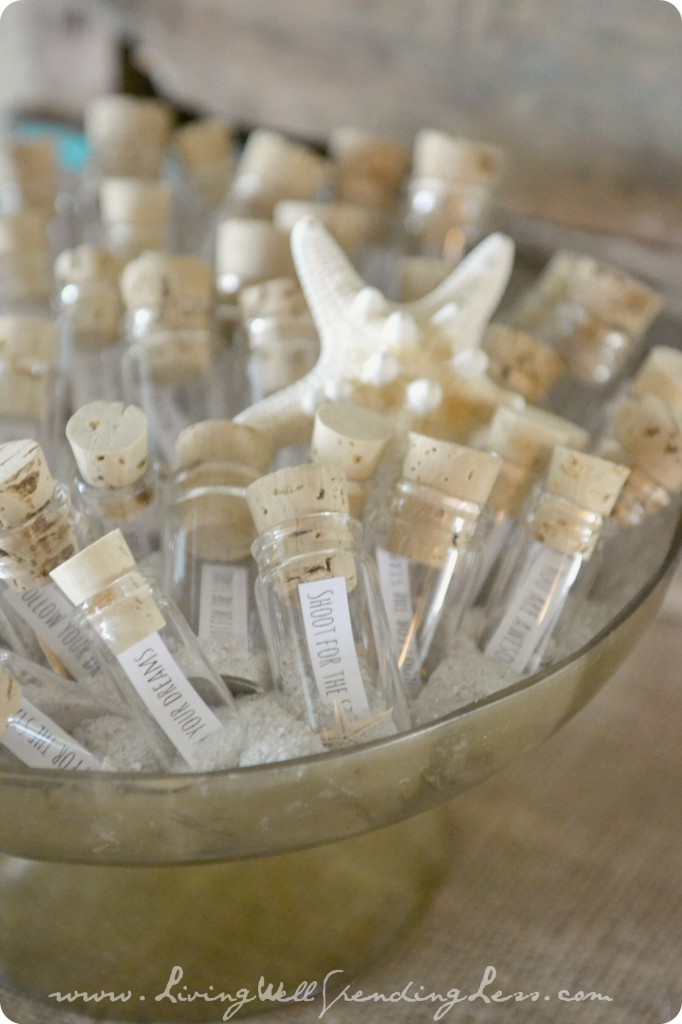 Beachy party favors included messages in a bottle for each guest to take home. 