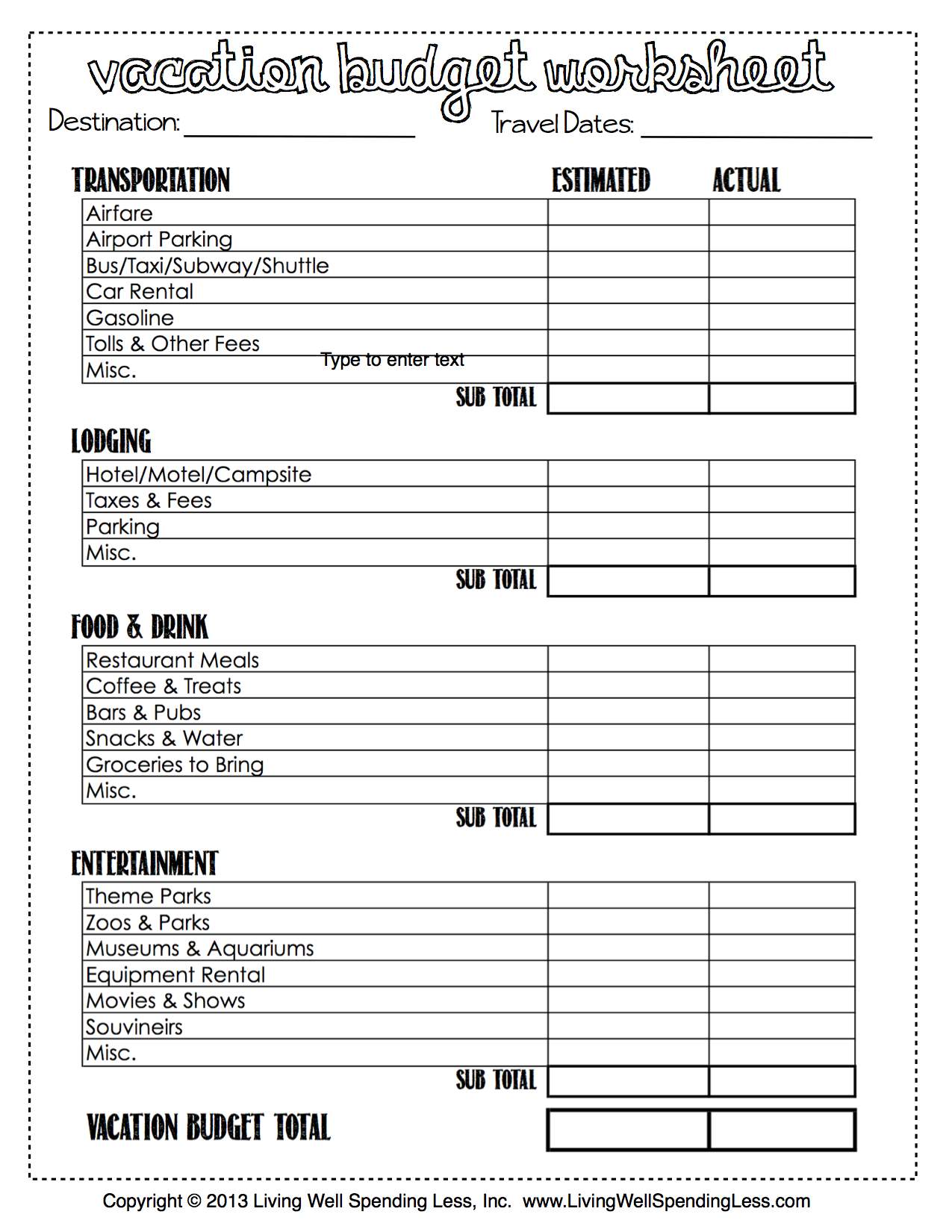 Printable Vacation Budget Worksheet Living Well Spending Less®