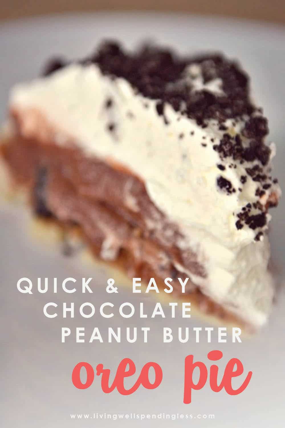 Looking for a decadent dessert? This chocolate peanut butter Oreo pie comes together in just a few minutes and is a sweet treat everyone will devour! #quickeasychocolatepie #dessert #pie #chocolatepeanutbutterpie