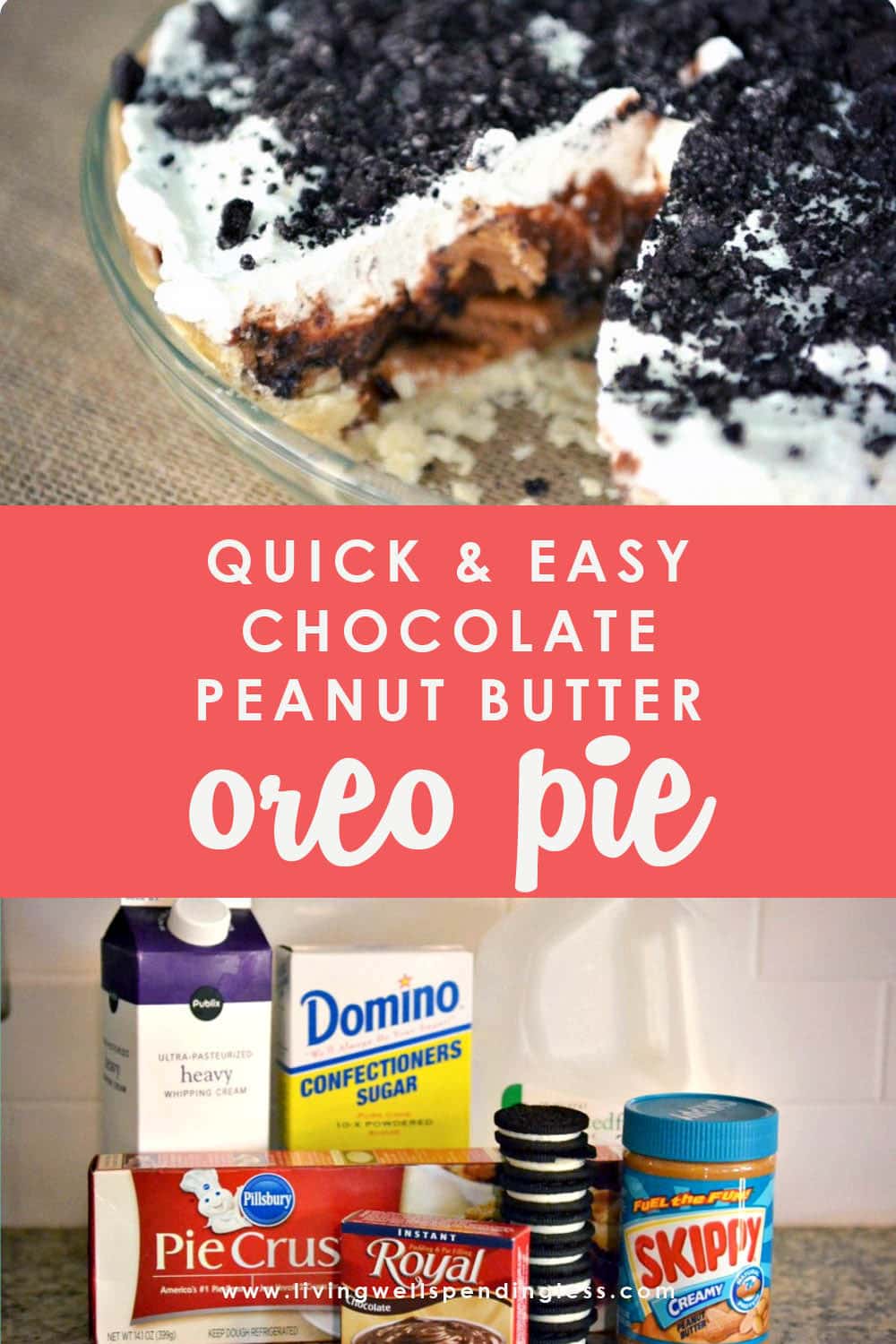 Looking for a decadent dessert? This chocolate peanut butter Oreo pie comes together in just a few minutes and is a sweet treat everyone will devour! #quickeasychocolatepie #dessert #pie #chocolatepeanutbutterpie