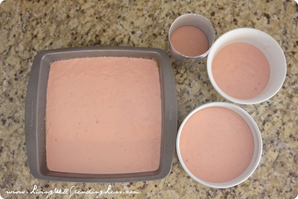 Pour the cake batter into each of the pans, including the cocktail shaker. Be sure to tap out any air bubbles before baking.