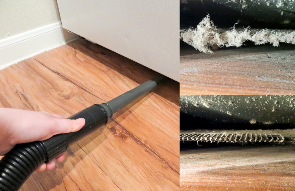 Dusting a kitchen's refrigerator coils. 