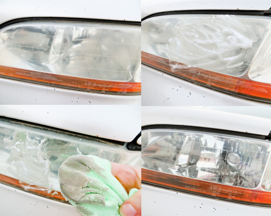 Removing dust buildup from a car's headlights with a rag. 