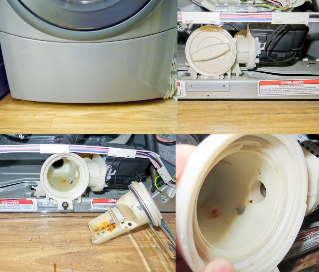 Various steps of unclogging a washer drain filter. 