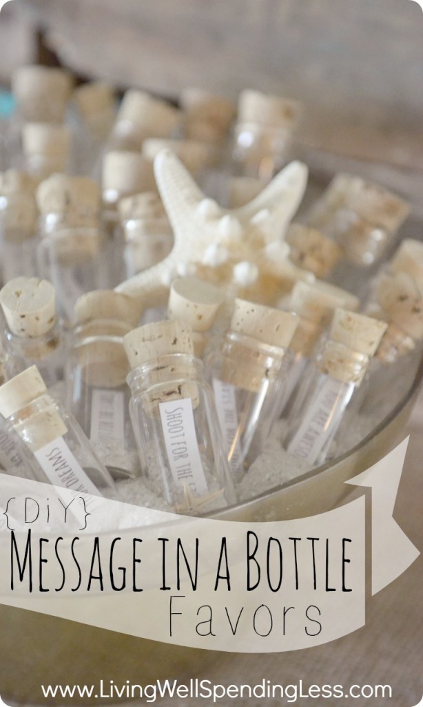 DIY Message in a Bottle Party Favors. So cute for a beach themed party or wedding! Would be great for a mermaid or pirate party too!
